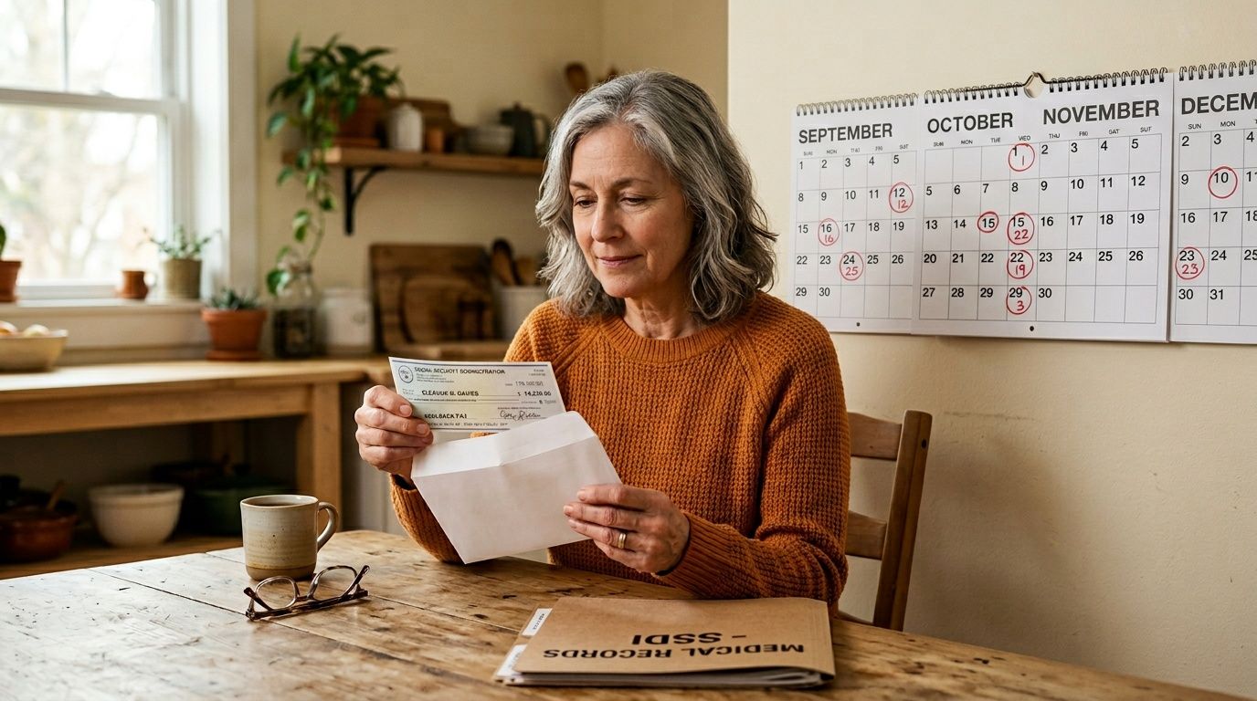 Elderly woman reviewing a Social Security check and a medical records folder at a kitchen table.