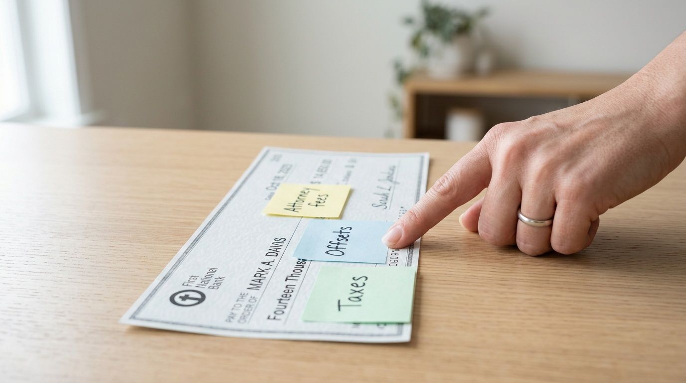 A hand points to a check with sticky notes detailing attorney fees, offsets, and taxes.