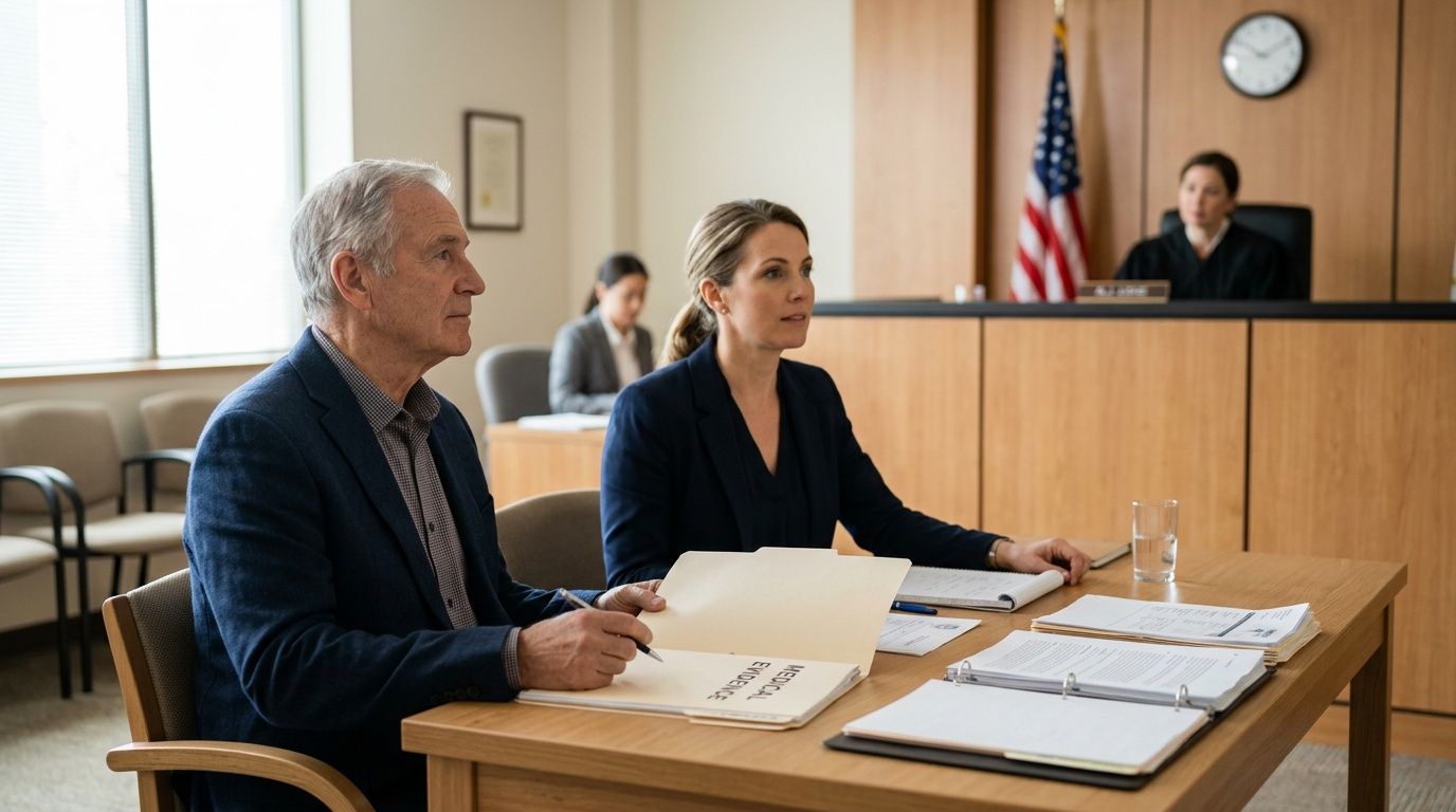 Two individuals review 'medical evidence' in a courtroom setting during a legal hearing.