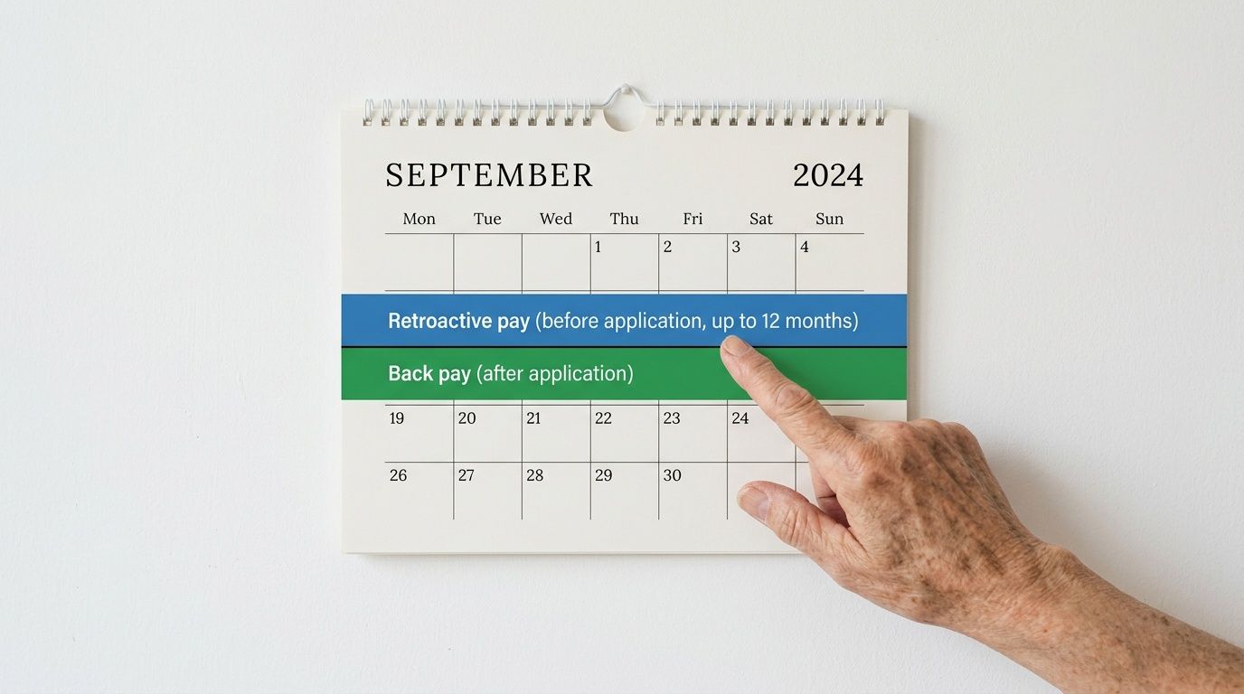 A hand points to 'Back pay (after application)' on a September 2024 calendar showing pay details.