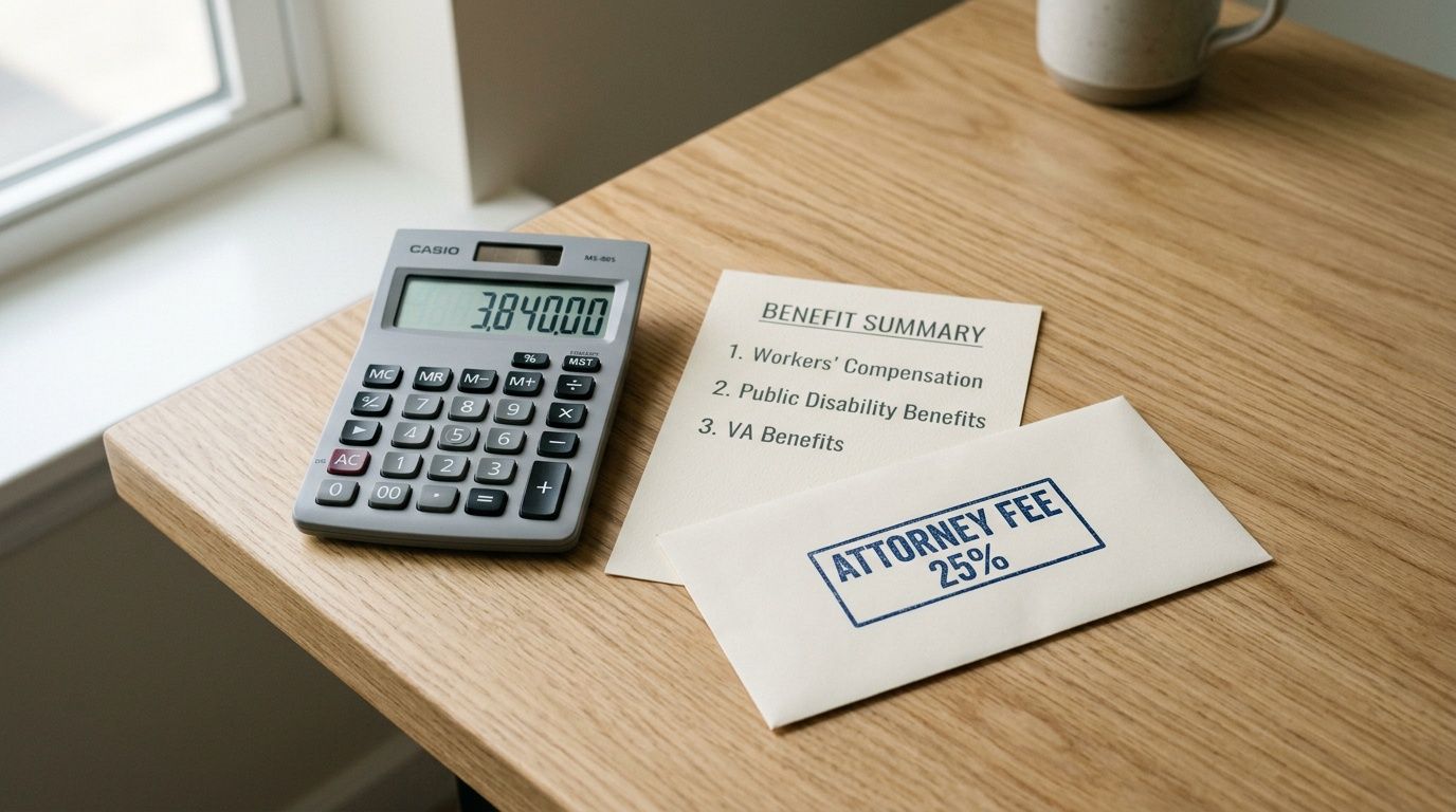 A calculator, benefit summary, and attorney fee notice on a light wood table.