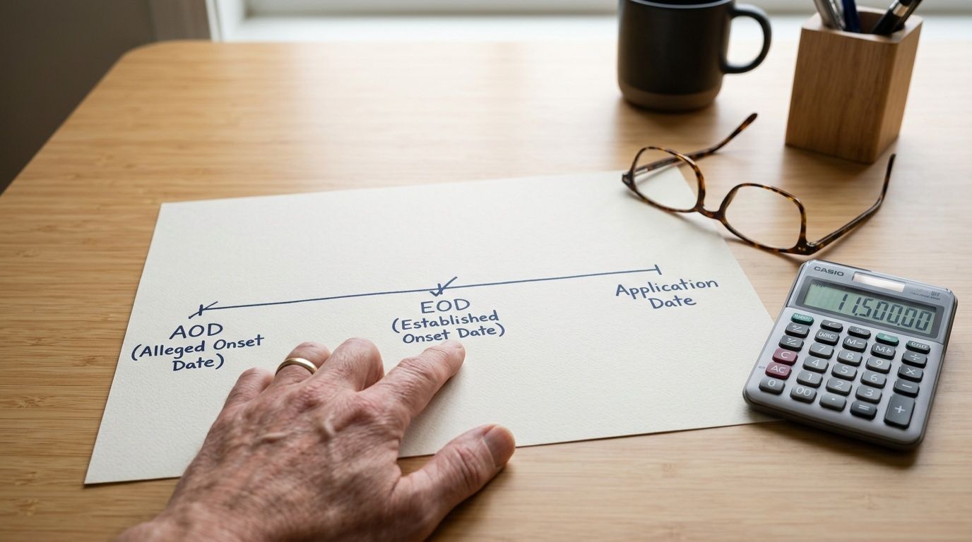 A hand points to 'Established Onset Date' on a timeline, next to a calculator showing $115,000.