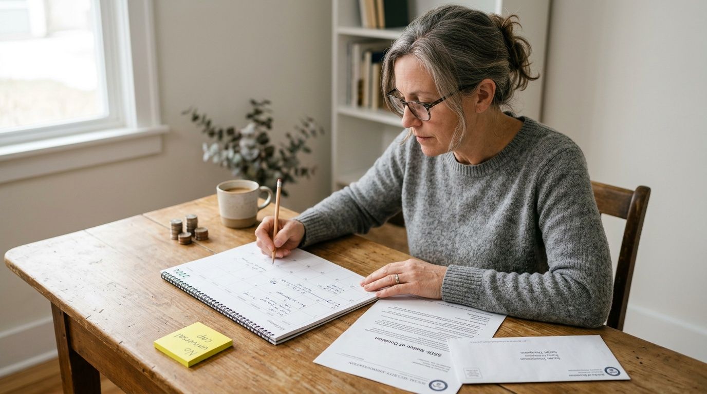 A woman meticulously records information in a planner, surrounded by SSDI documents, coins, and coffee.