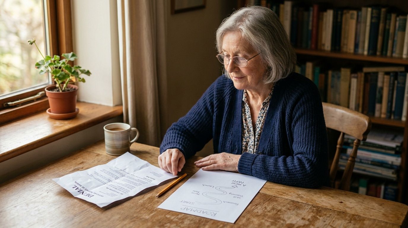 An elderly woman with gray hair sits at a wooden desk, carefully reviewing a paper roadmap and documents.