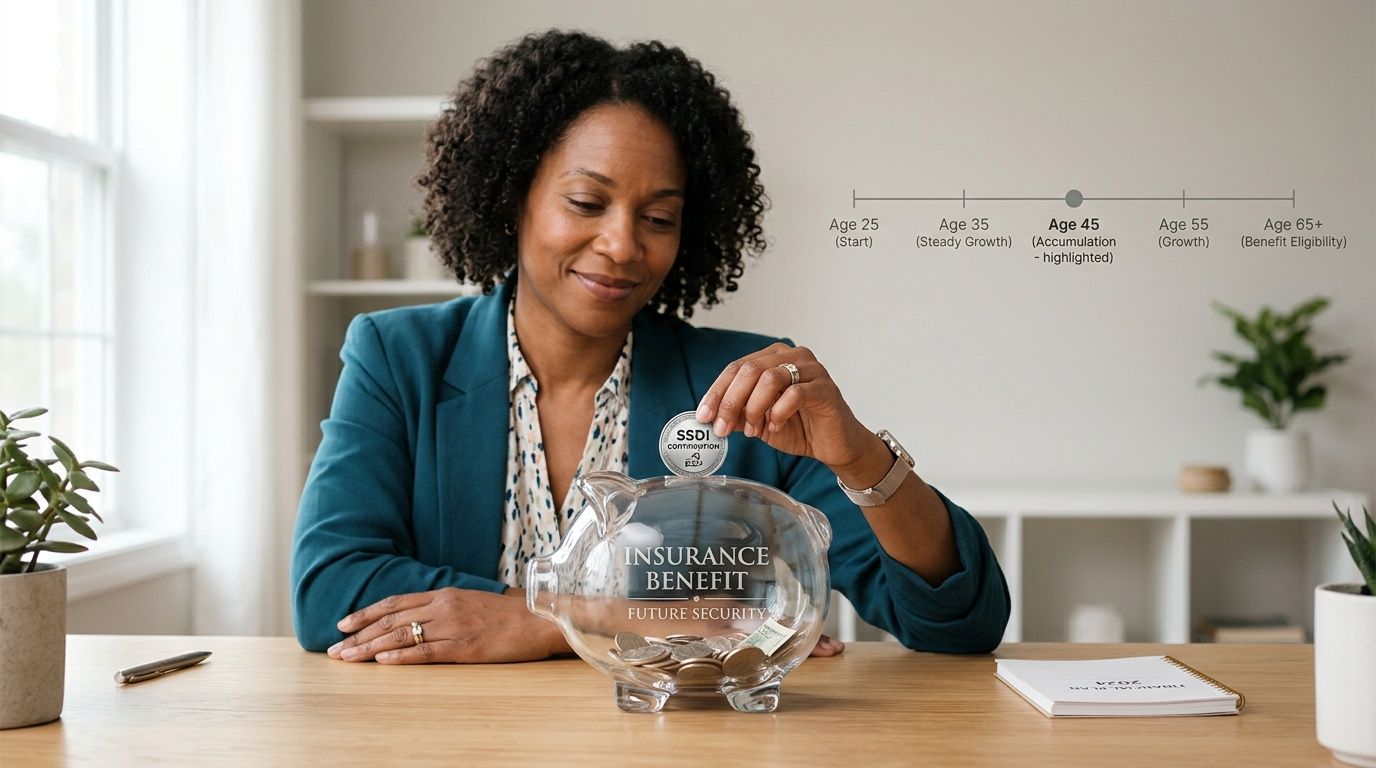 A professional woman placing a coin labeled SSDI into a clear piggy bank for financial security planning.