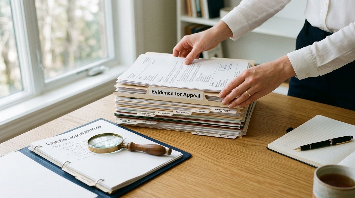 A professional organizing a stack of folders labeled Evidence for Appeal on a desk for an SSDI appeal.