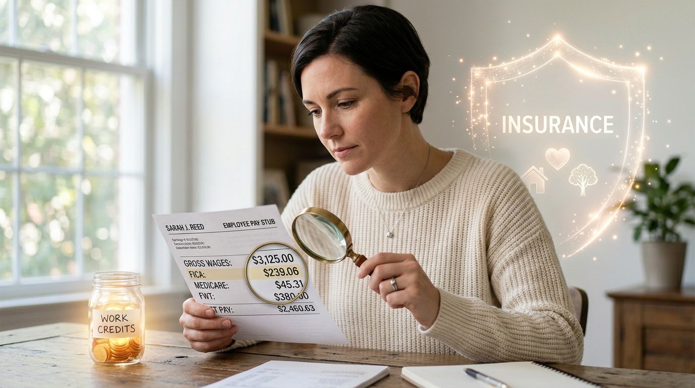 A woman examines an employee pay stub with a magnifying glass beside a jar of work credits.
