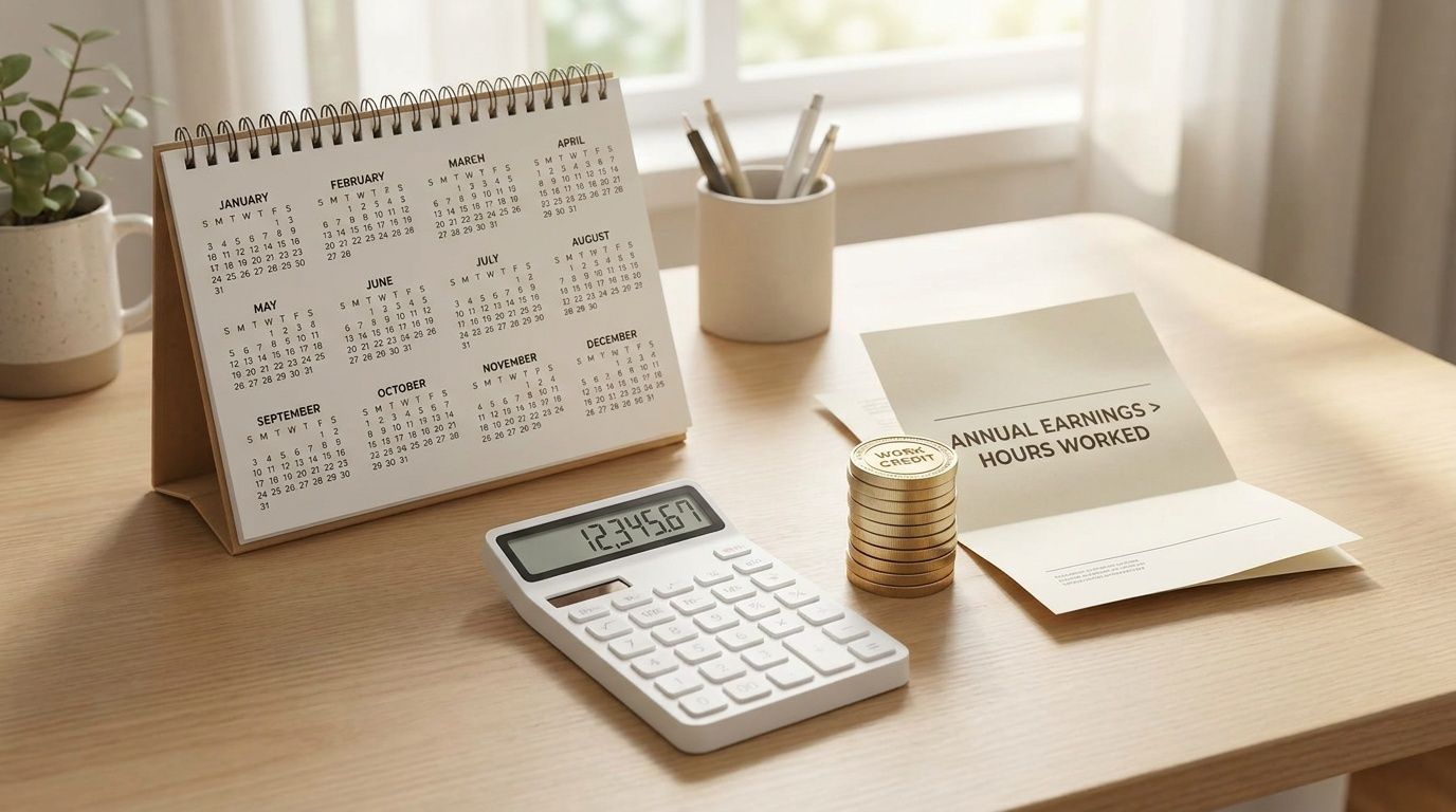 A calendar, a calculator, and a stack of coins sit on a desk illustrating work credits.