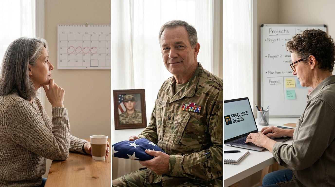 A composite image showing three different people reflecting on their lives, careers, and social security work credits.