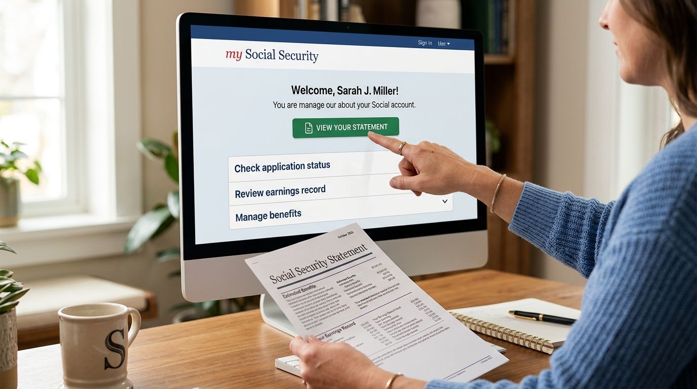A woman using a computer to view her personal online Social Security account and benefits statement.