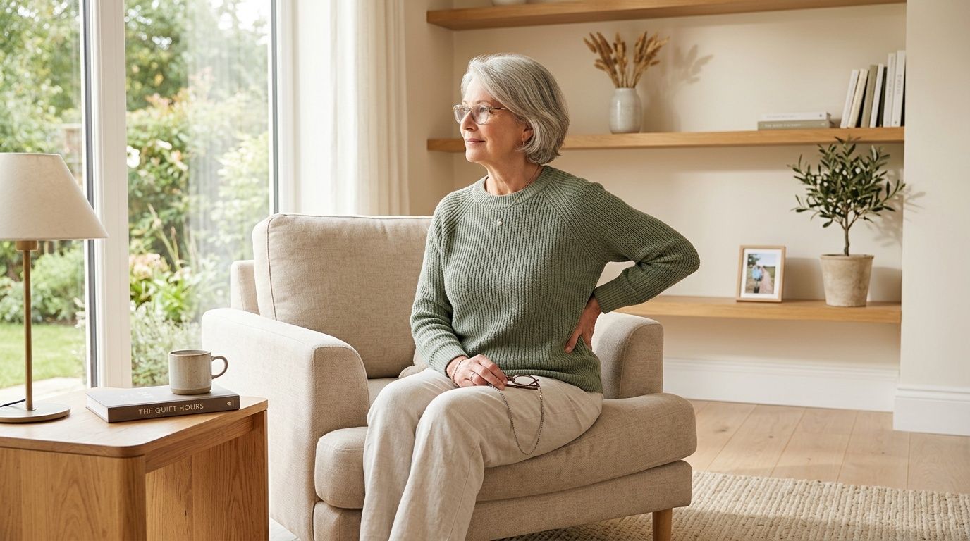 A mature woman sitting in an armchair experiencing back pain while looking out the window at home.