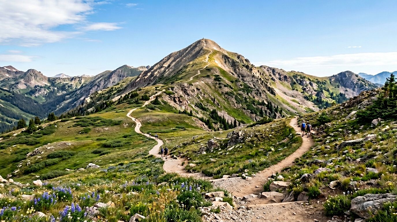 Hikers walking on a scenic mountain trail leading toward a high peak under a clear blue sky.