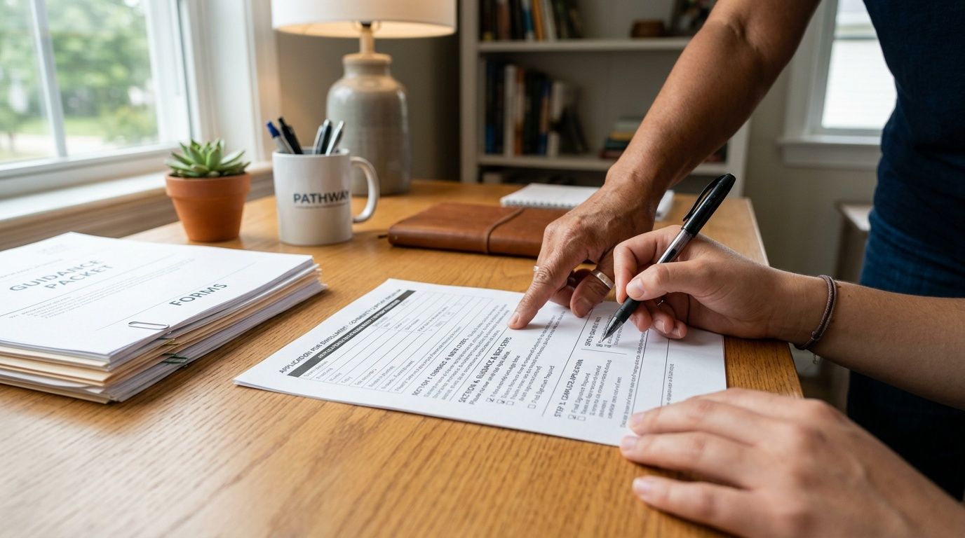 A person guiding another individual through paperwork at a wooden office desk to discuss application forms.