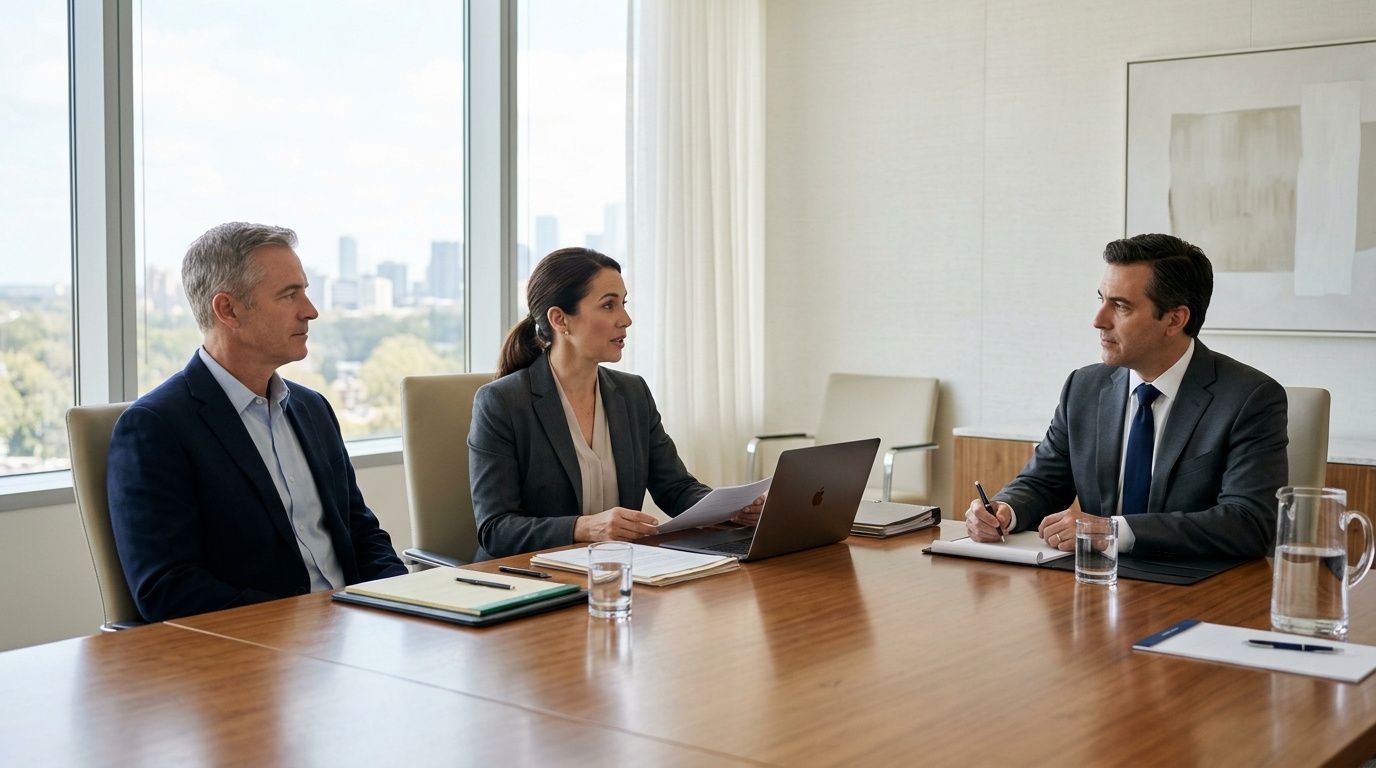 A professional man and woman in suits sit across from a man in a conference room meeting.