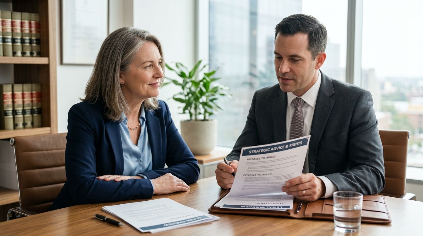 A professional lawyer discussing legal documents with a female client in a well-lit office setting.