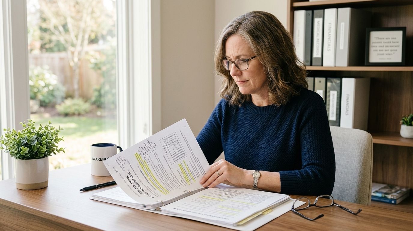 A professional woman in a home office reviews legal deposition documents in a binder while sitting at a desk.