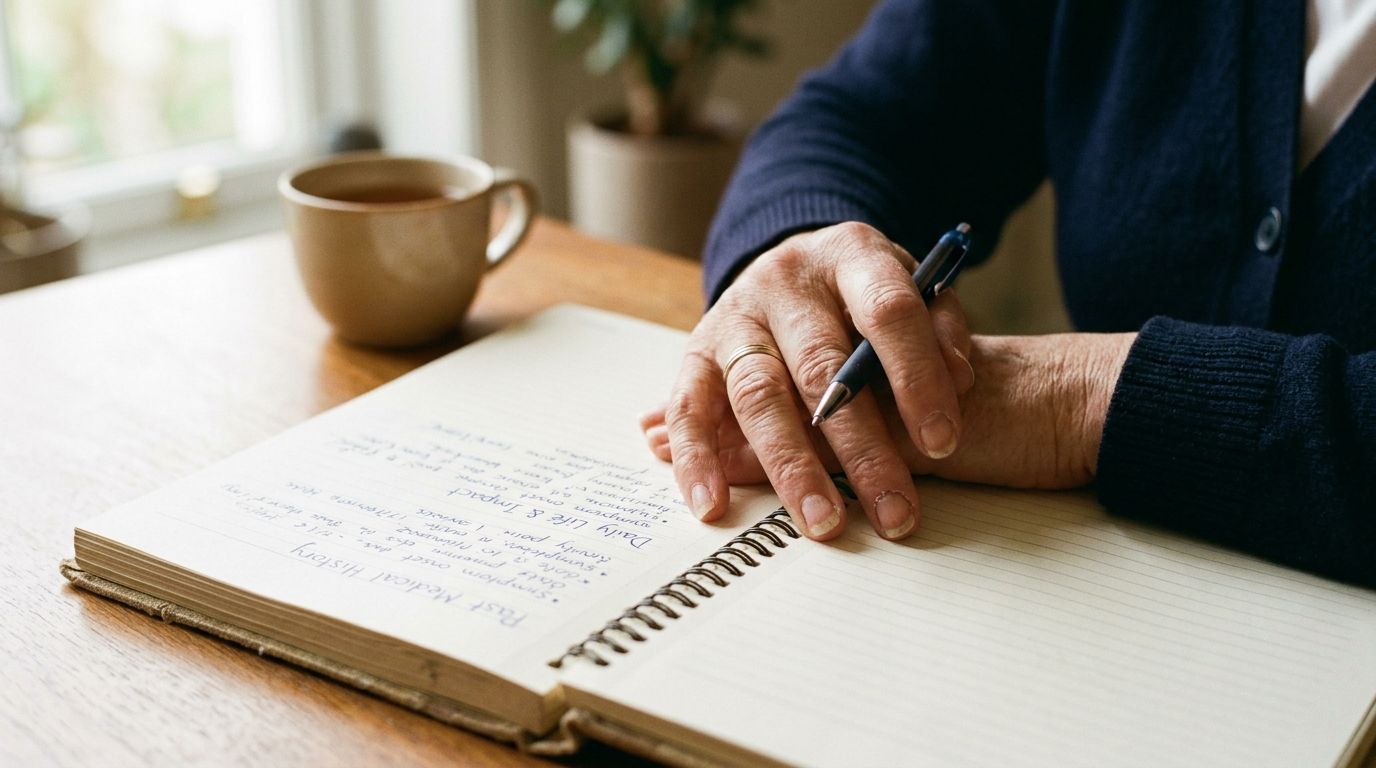 An elderly person writing notes about medical history in a spiral notebook at a wooden table.