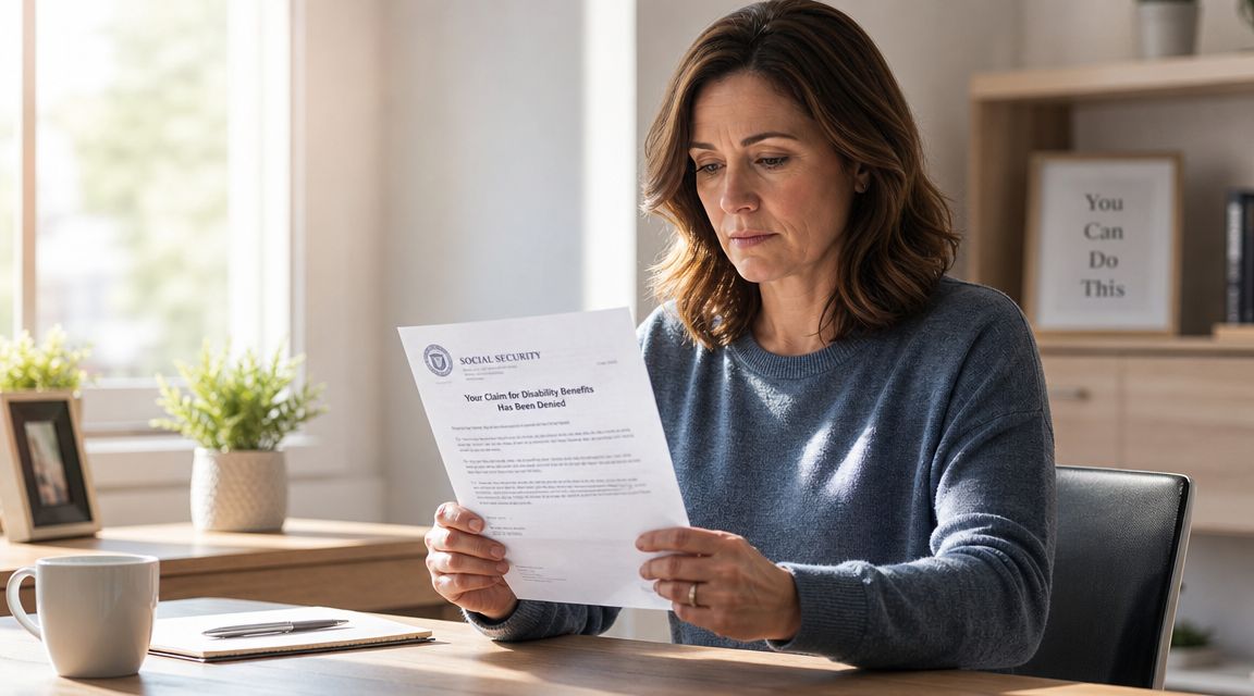 A concerned woman sits at a desk reading a Social Security disability benefits denial letter.