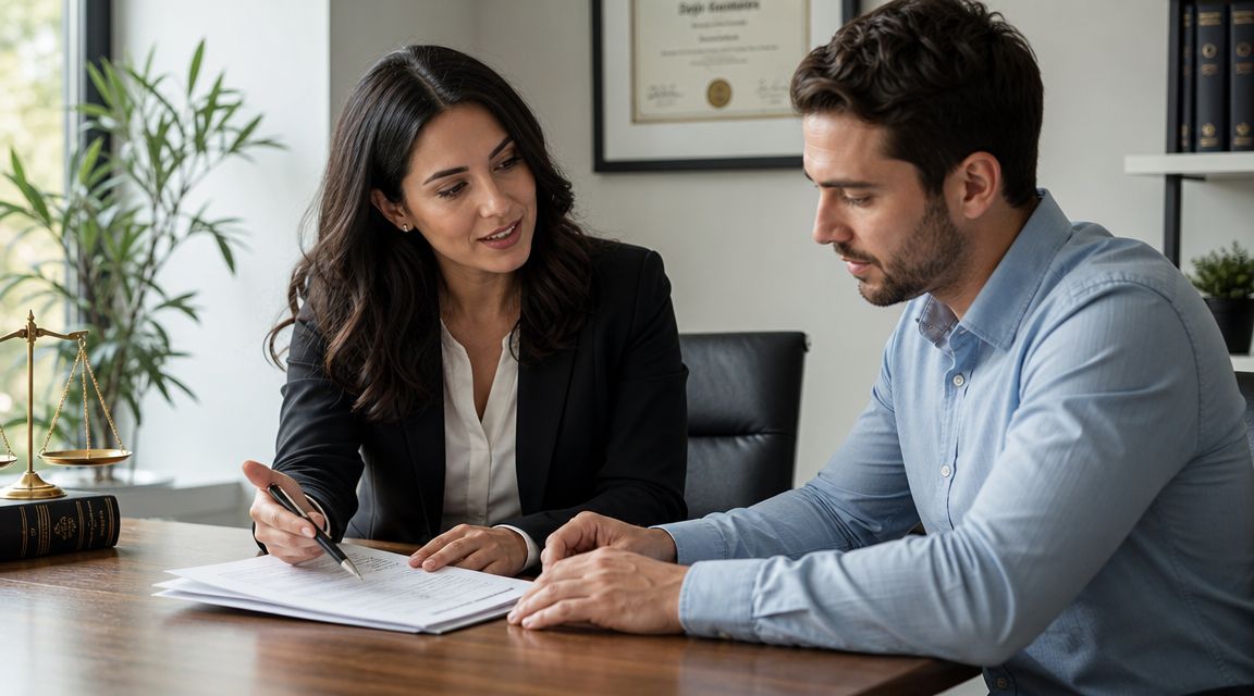 A professional lawyer consults with a male client regarding legal documents in an office setting.