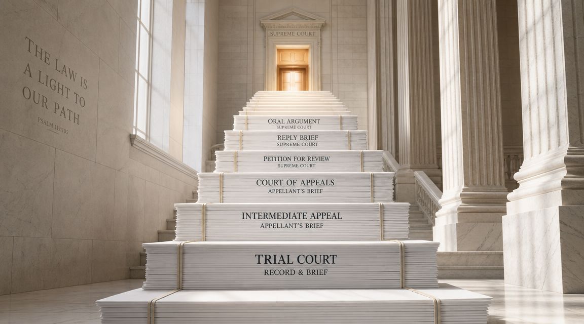 A conceptual staircase made of legal documents leading to a Supreme Court door, representing the legal appeal process.