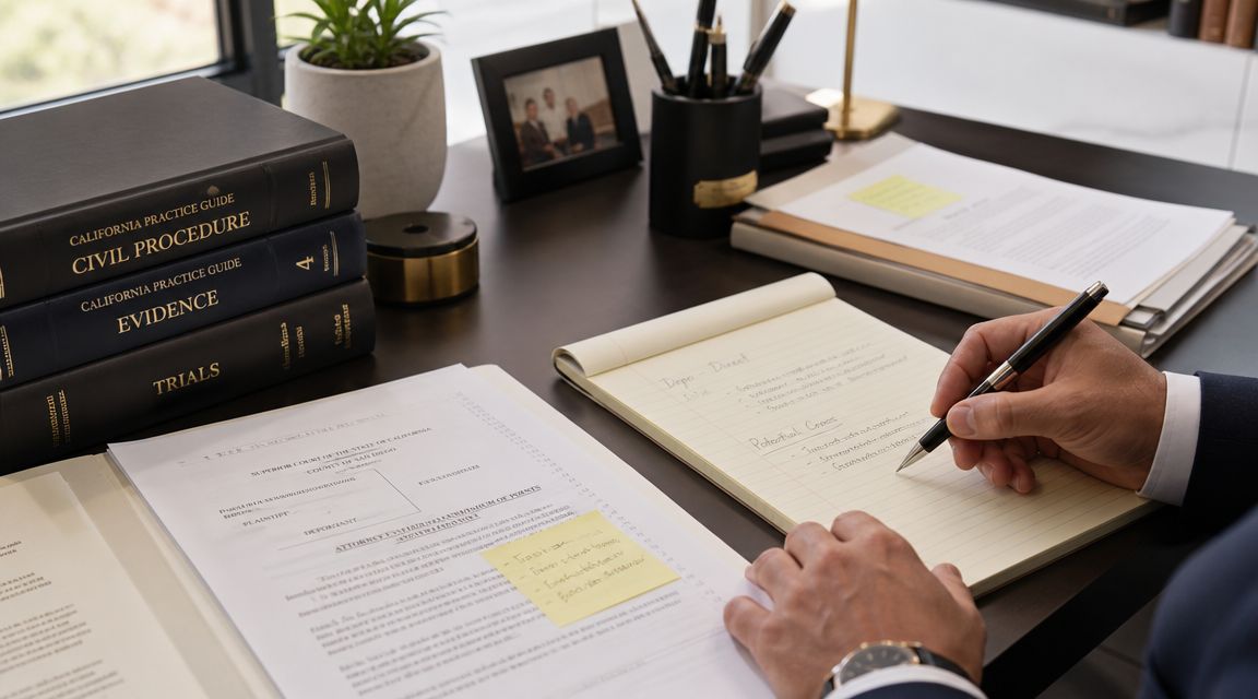 A professional attorney taking notes on a legal document in an organized office workspace