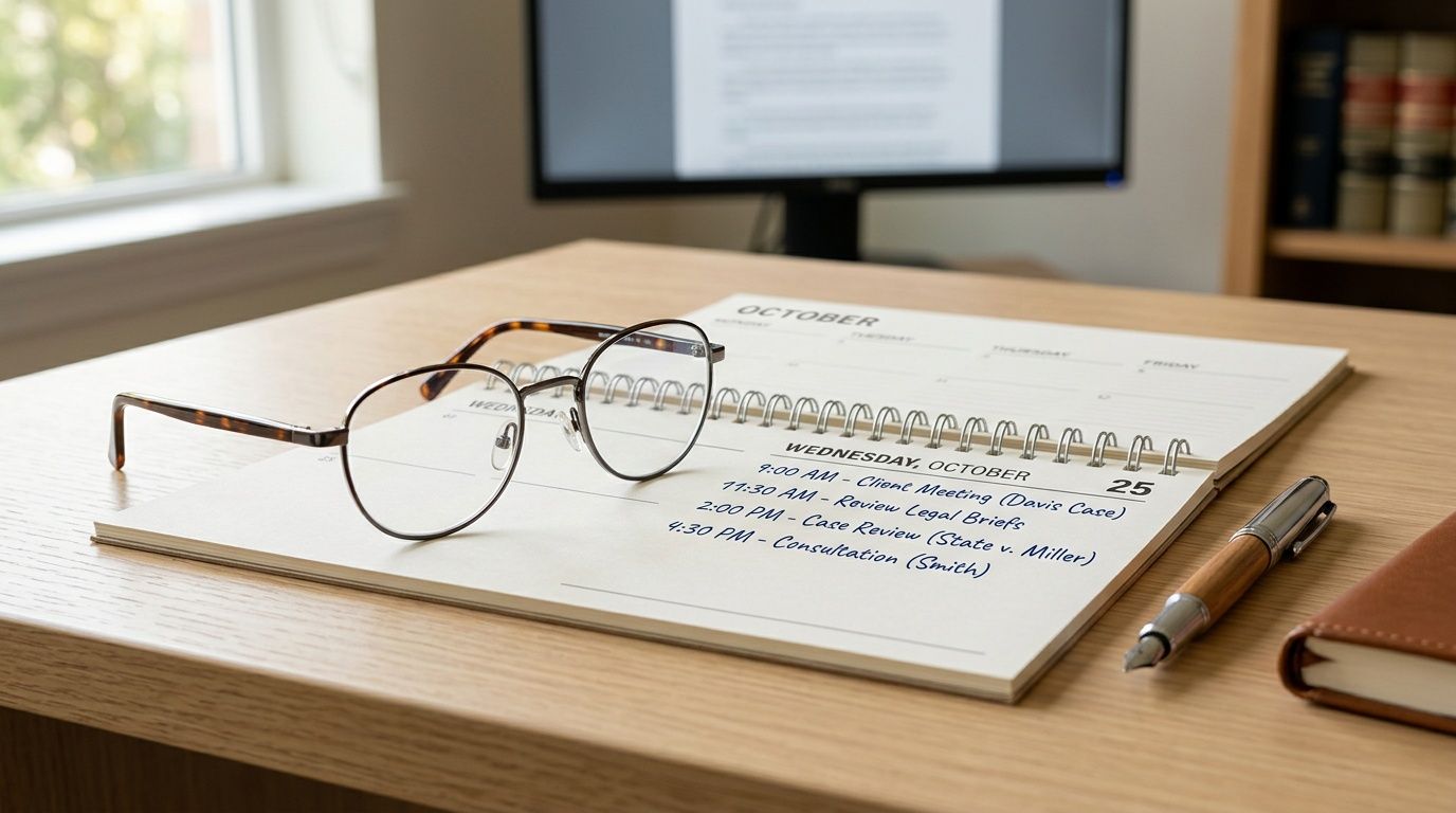 A pair of glasses resting on a desk calendar showing a busy legal schedule for October 25th.