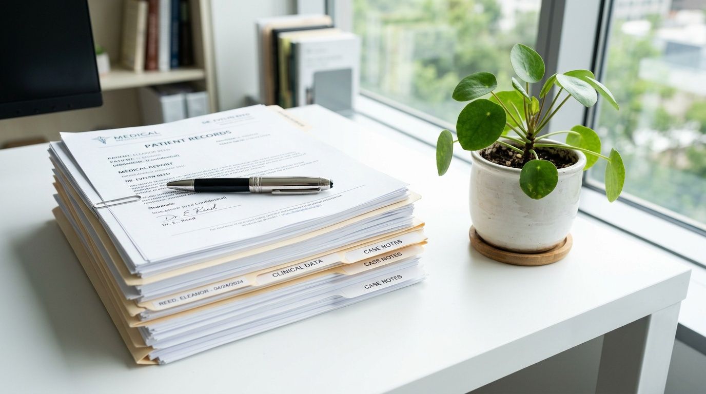 A stack of medical patient records with a pen and a small potted plant on a white desk.