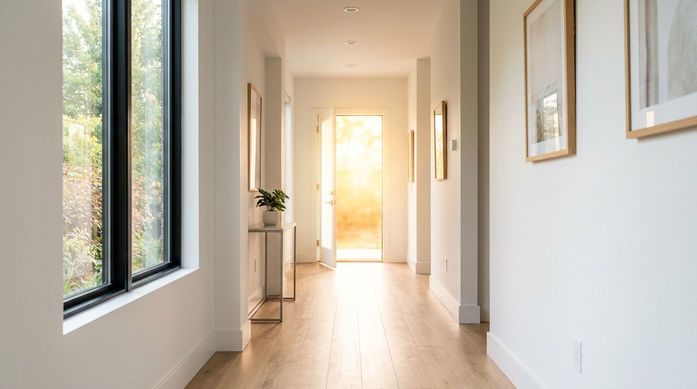 A bright, modern hallway leading to an open door filled with warm, inviting natural sunlight.