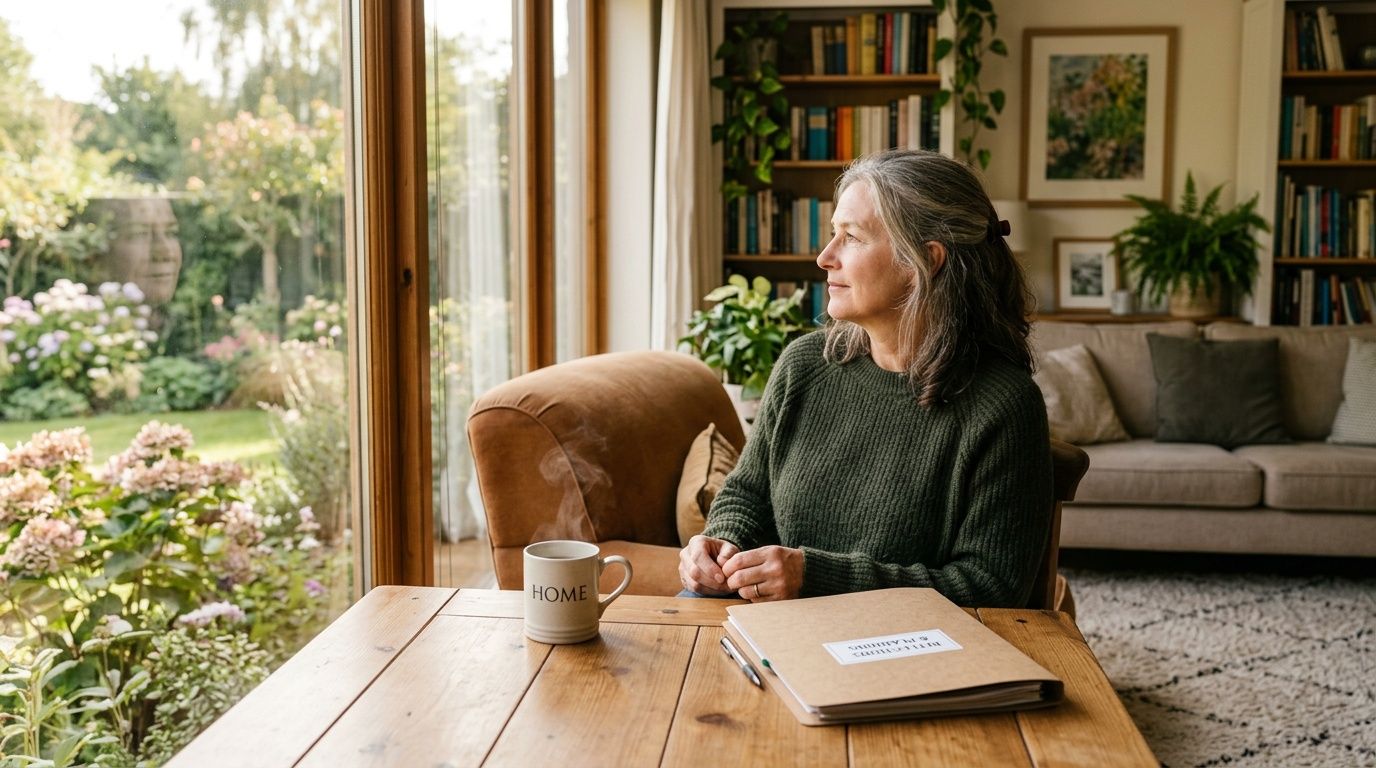 A woman with grey hair sitting by a window, contemplating with a cup of coffee and notebook.