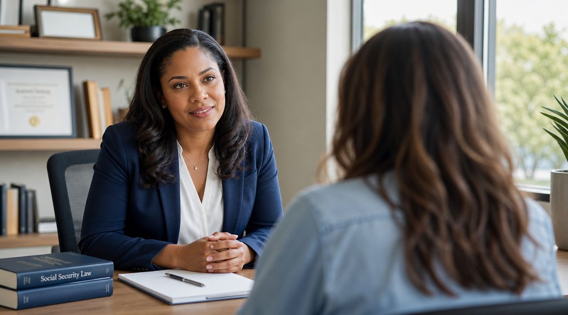 A professional attorney listens carefully to her client during a legal consultation about Social Security disability claims.
