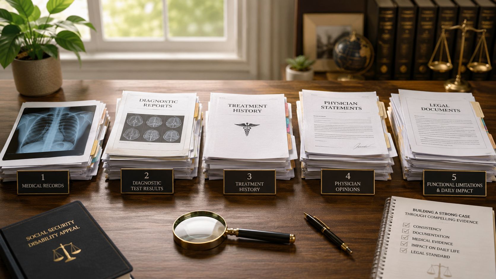 Organized medical and legal document stacks on a wooden desk for a Social Security disability appeal.