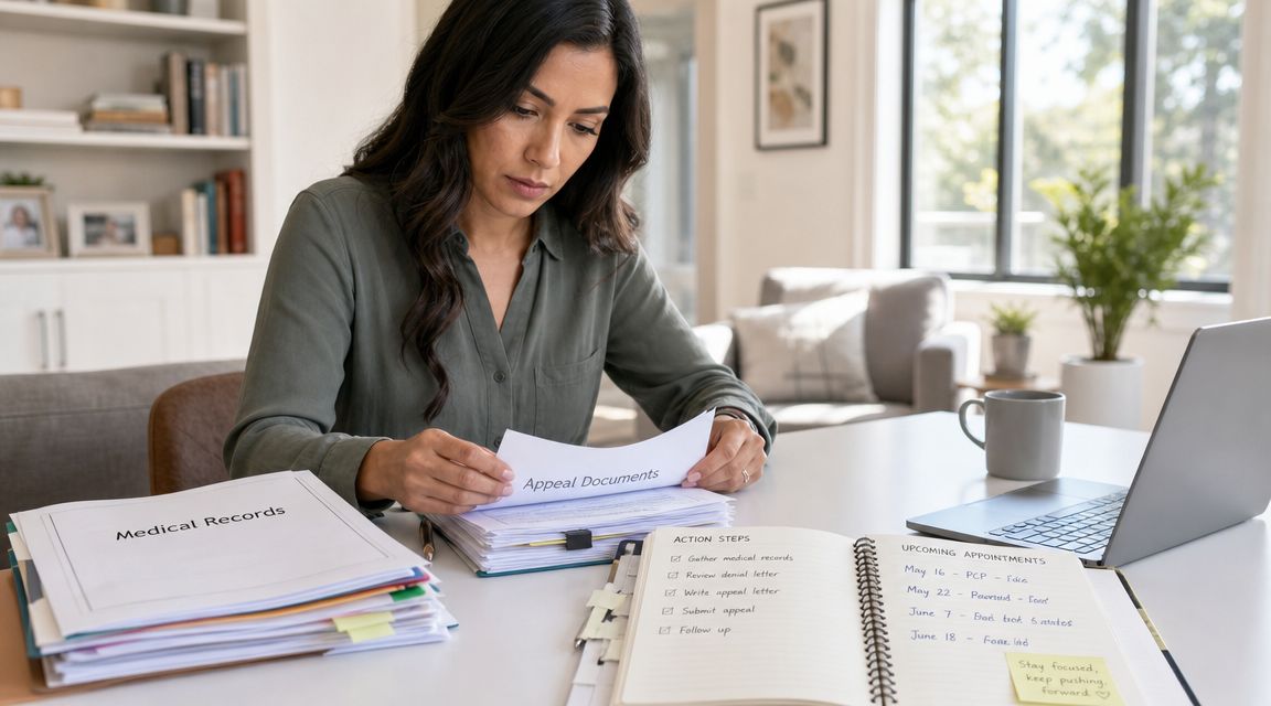 A woman reviewing medical records and appeal documents at her desk while organizing her upcoming appointment schedule.