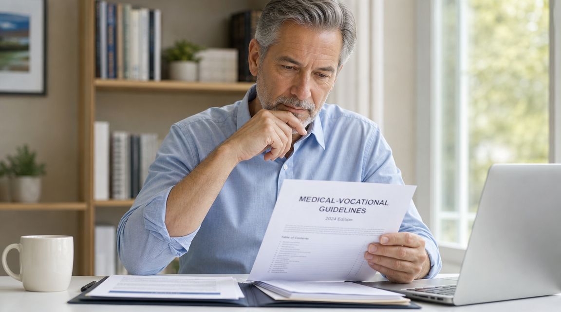 A professional man studying medical-vocational guidelines at his desk to prepare for a disability appeal process.