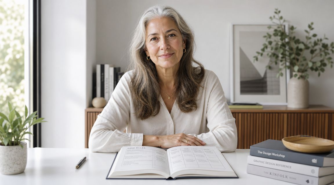 A professional woman with grey hair sits at a clean desk working in an open planner book.