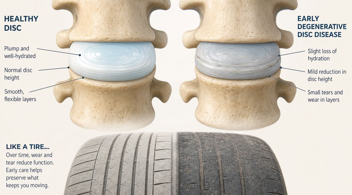 A diagram comparing a healthy spinal disc with one showing signs of early degenerative disc disease.