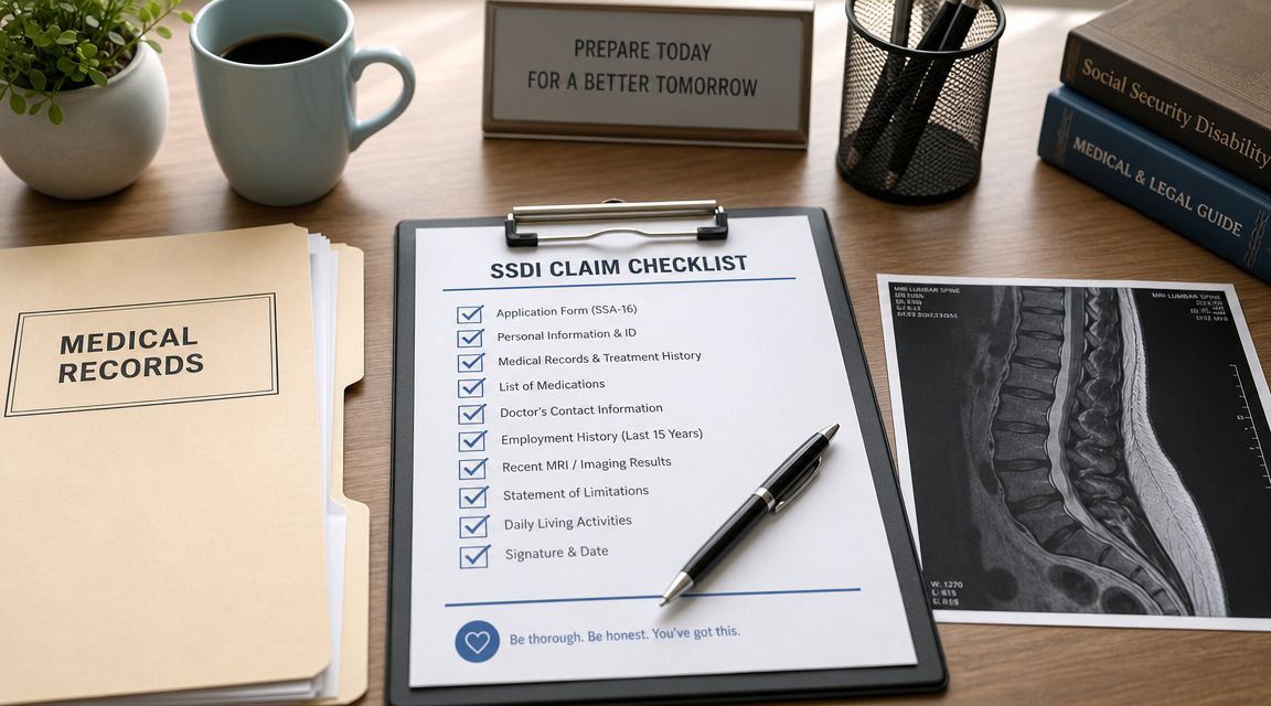 A clipboard with an SSDI claim checklist, medical records, and spinal MRI images on a wooden desk.
