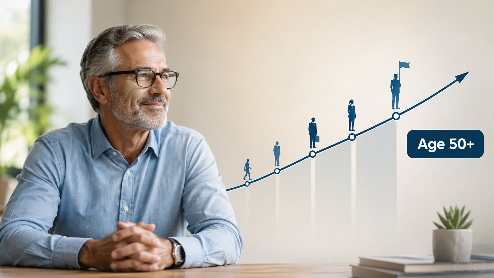 A professional man in his fifties looking towards a growth chart representing career advancement and success.