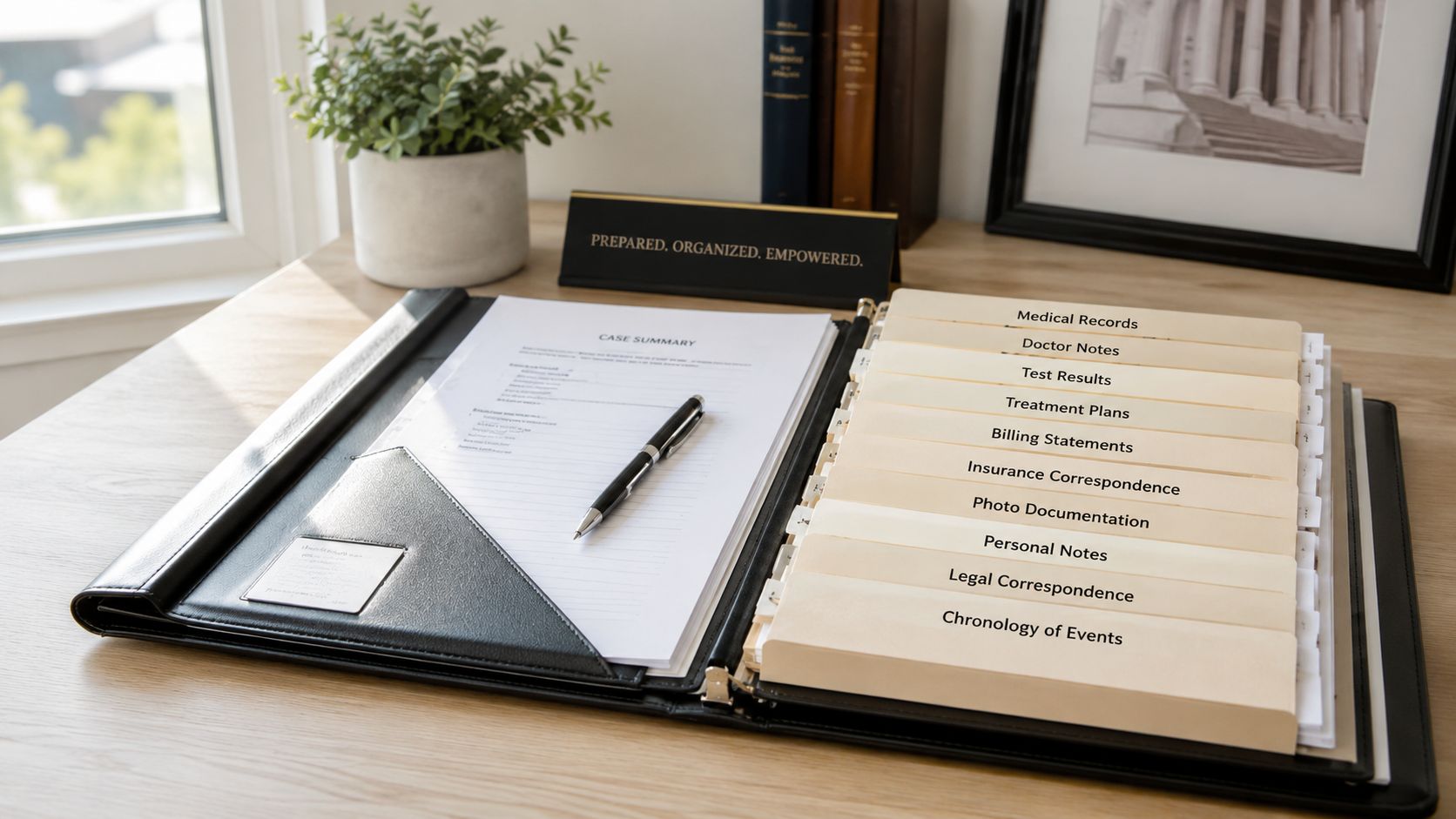A leather binder open on a desk containing categorized medical document folders and a case summary document.