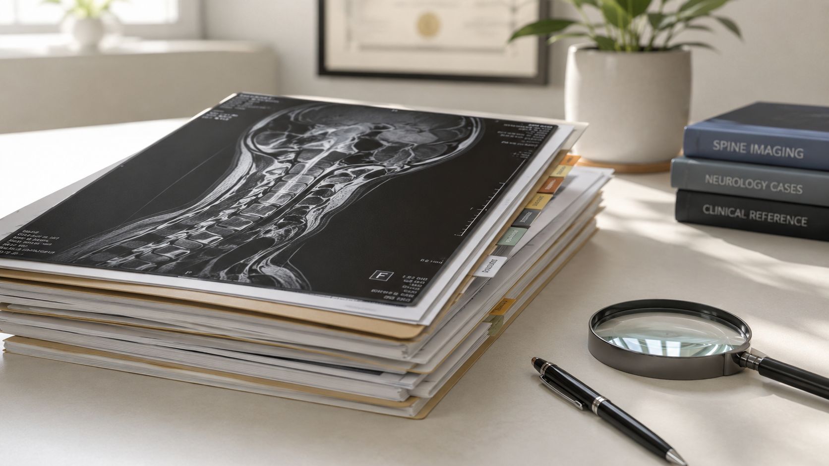 A stack of medical files containing spinal MRI scans next to a pen, magnifying glass, and textbooks.