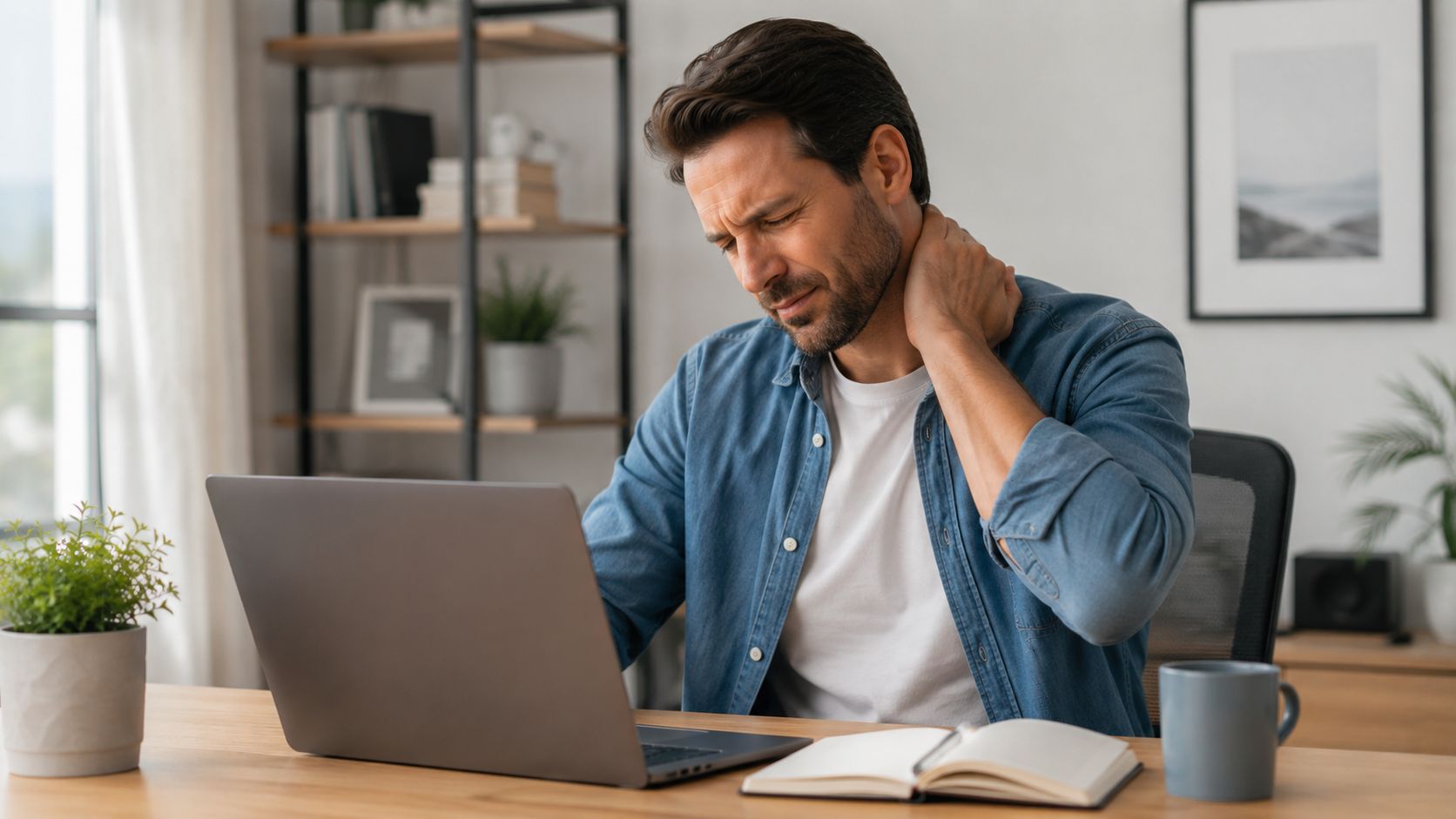 A man in a blue shirt sitting at a desk experiencing neck pain while using a laptop.