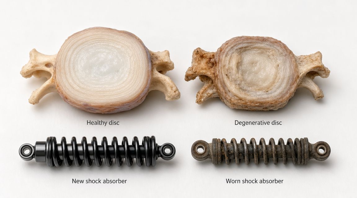 A comparative illustration showing a healthy spinal disc next to a degenerative disc and mechanical shock absorbers.
