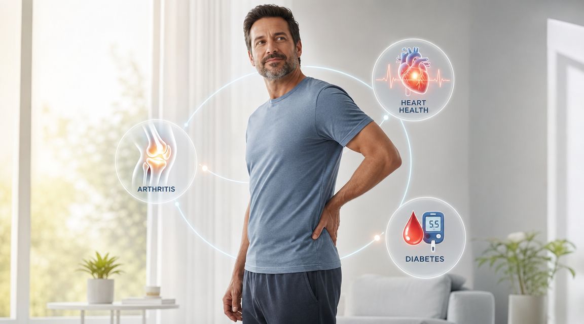 A middle-aged man holding his lower back with medical icons illustrating heart health, arthritis, and diabetes