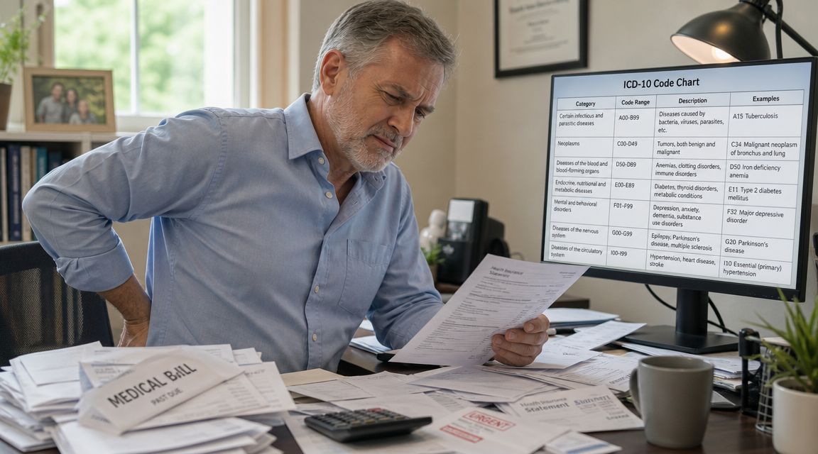 A concerned older man with back pain sitting at a desk overflowing with medical bills and insurance documents.