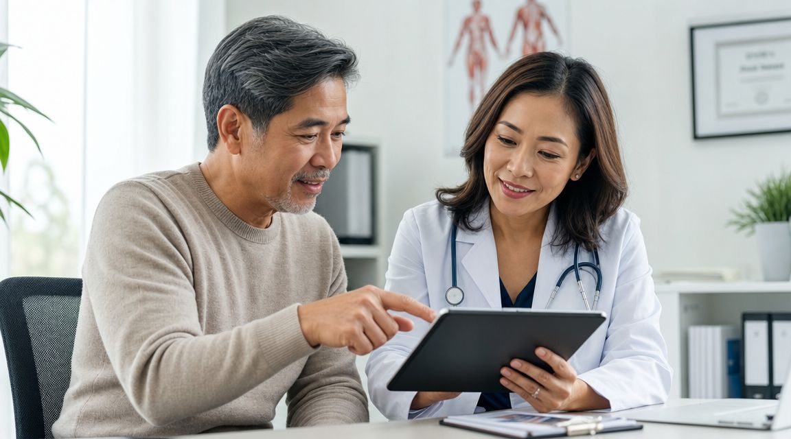 A female doctor discusses medical information on a digital tablet with a middle-aged male patient in office.
