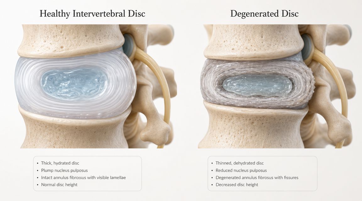 A side-by-side comparison illustrating the structural differences between a healthy intervertebral disc and a degenerated disc.