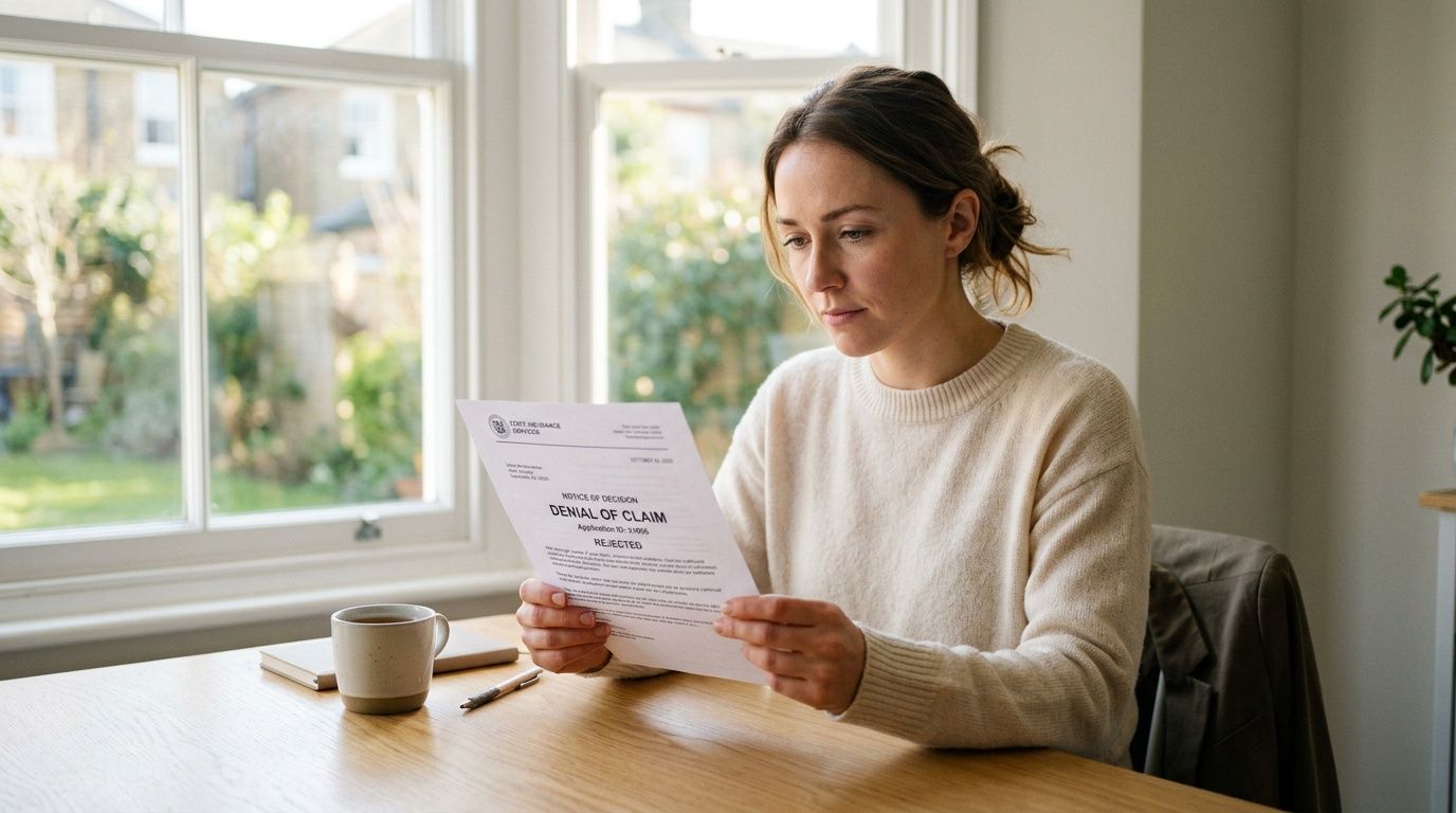 A focused young woman sitting at a table in a brightly lit room reading a denied claim letter.