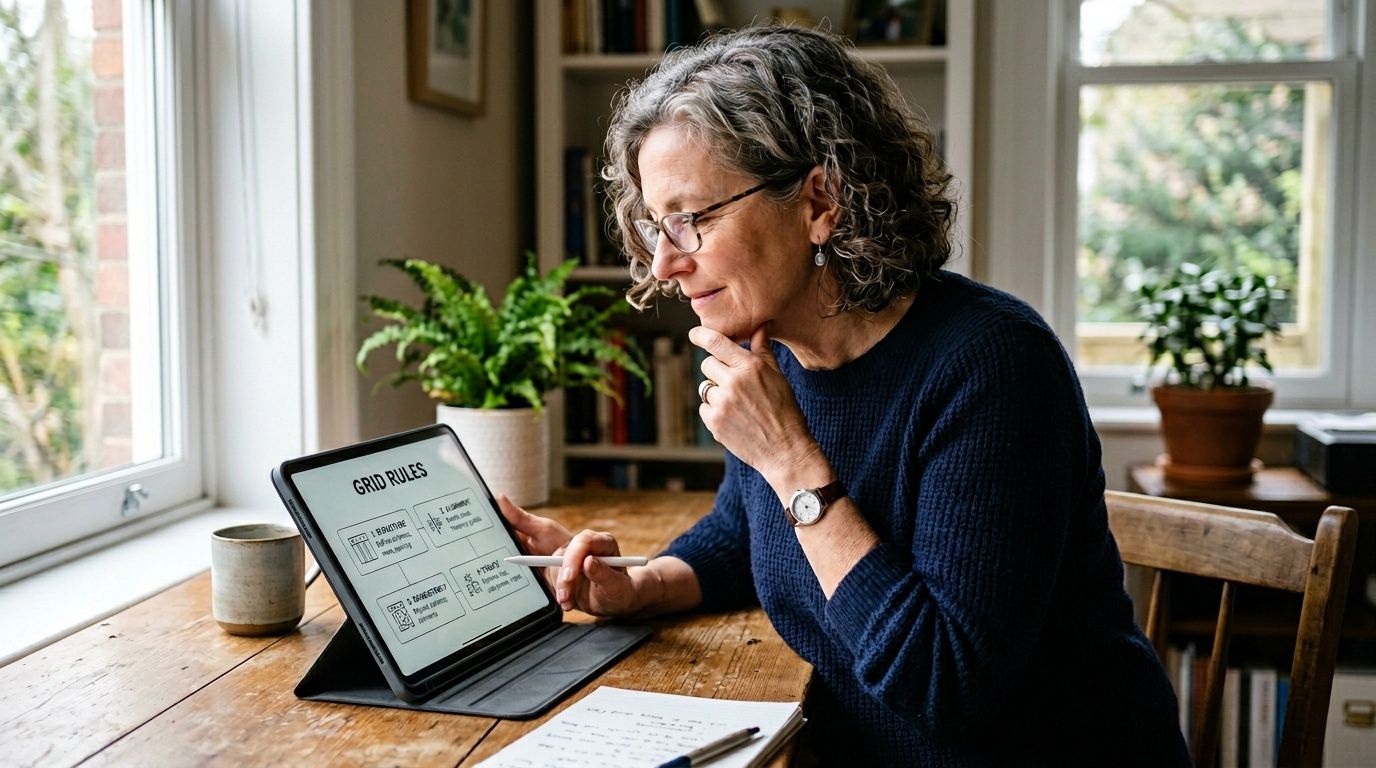 A woman working on a tablet device displaying Grid Rules at a wooden table in a room.