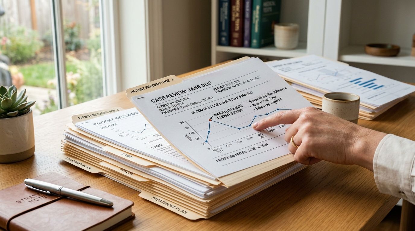 A person reviewing medical patient records and a blood glucose chart in an organized office setting.