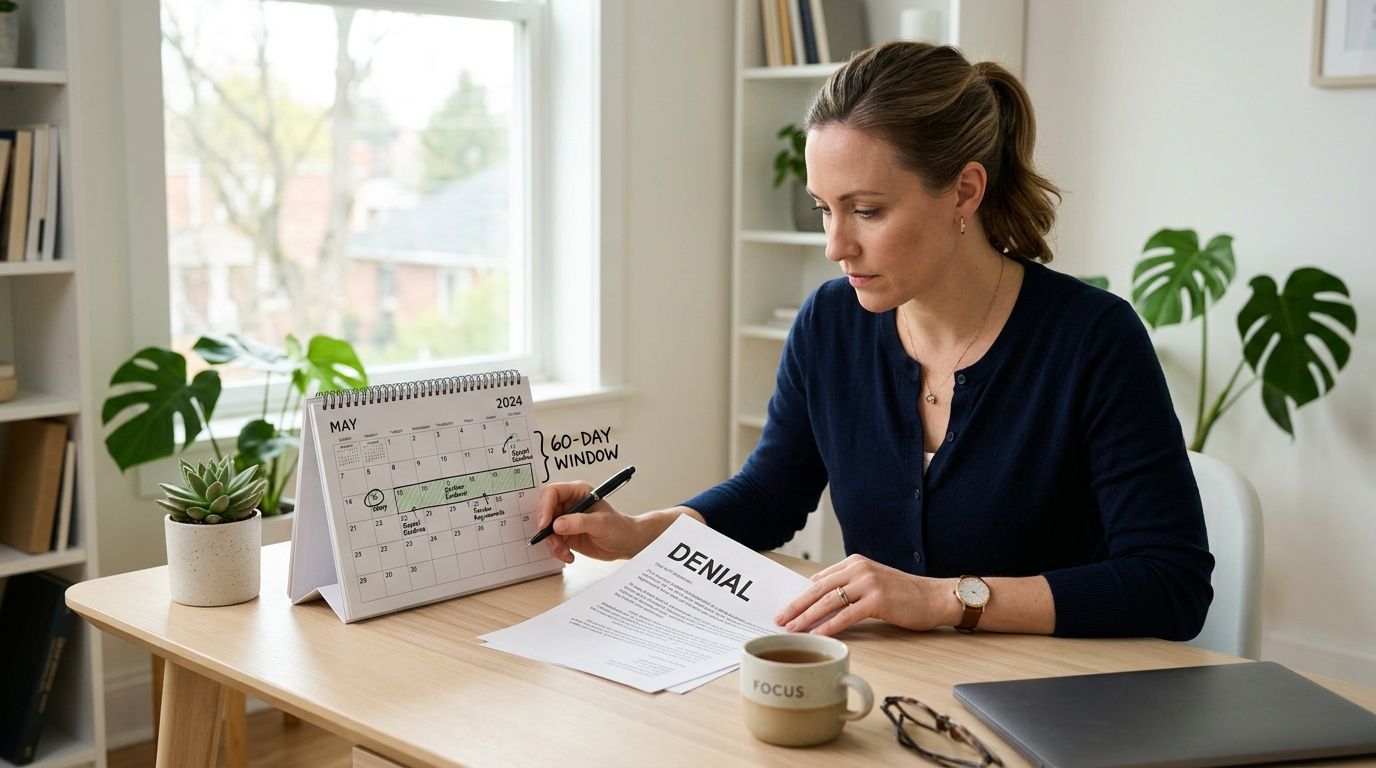 A woman reviewing a denial letter at her desk with a calendar showing a 60-day window deadline.