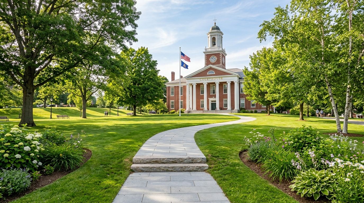 A picturesque courthouse building set in a lush green lawn with a stone pathway leading to it.